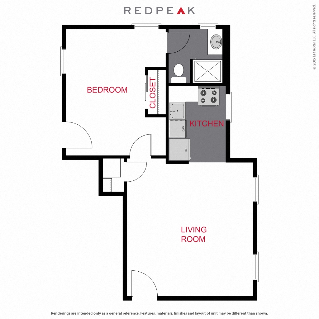 Floor plan for 1 bed, 1 bath, 610 sqft